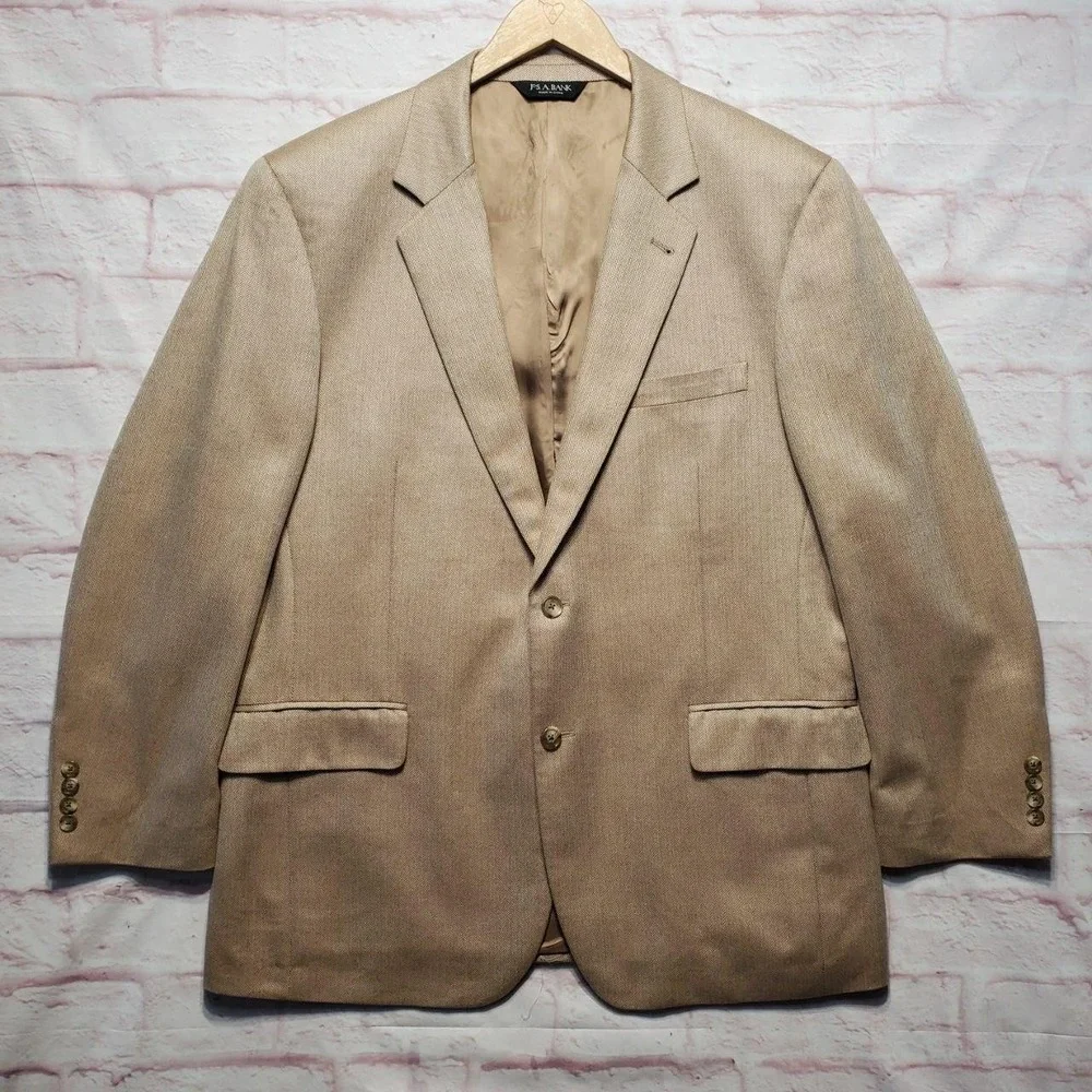 Jos A Bank Signature Collection Blazer 44R Silk Camelhair Tan Herringbone Jacket